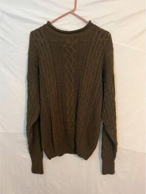 Vintage Structure Cable Knit Crewneck Sweater Olive Green Oversized 90s Size S